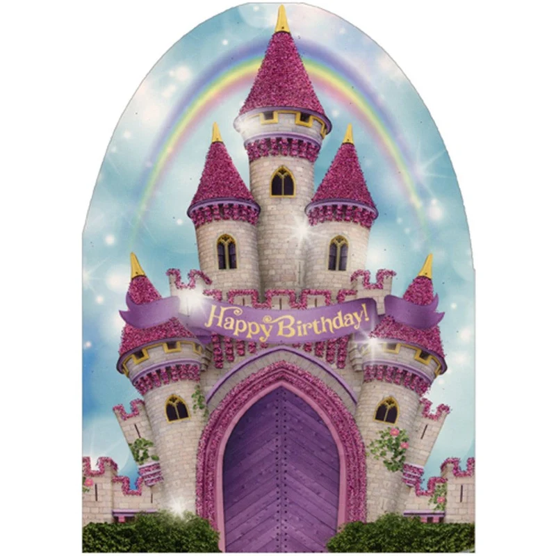 Pink Castle and Rainbow Die Cut Glitter Birthday Card For Girls