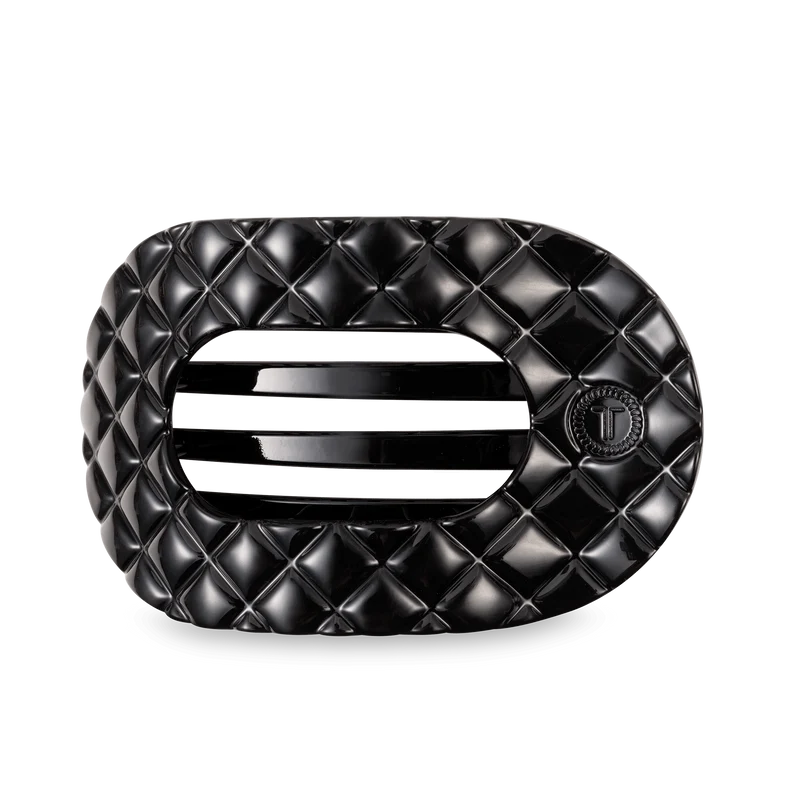 Jet Black Quilted Large Flat Round Lay Flat Hair Clip