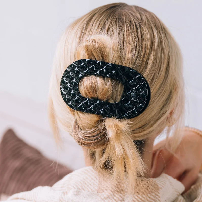 Jet Black Quilted Large Flat Round Lay Flat Hair Clip