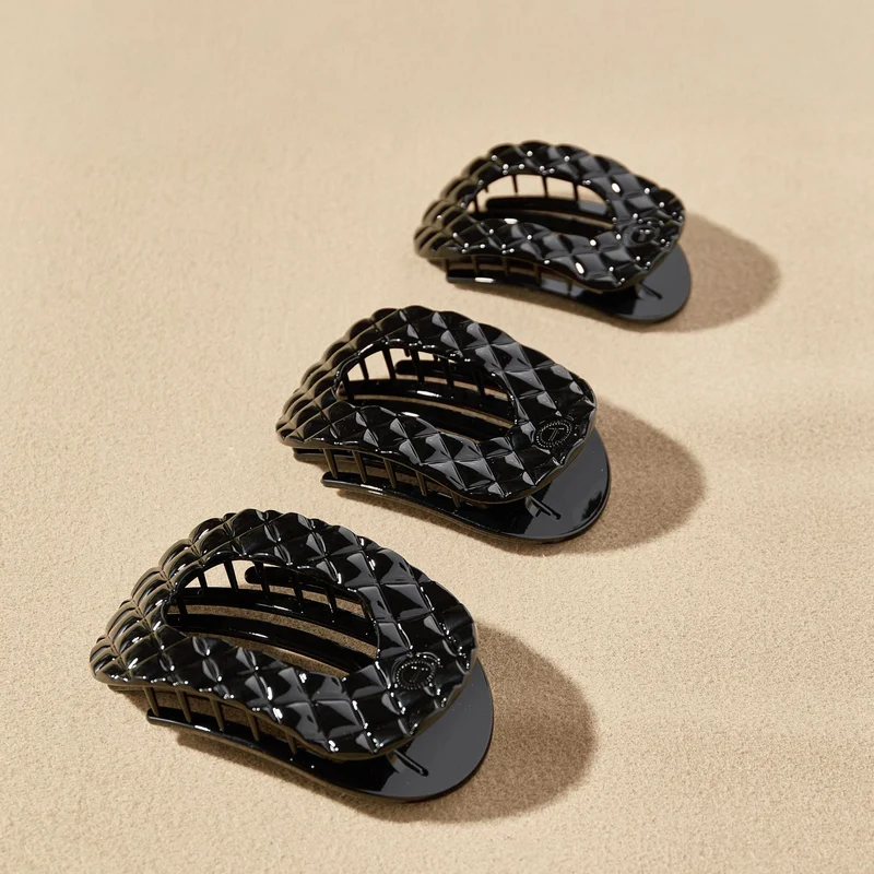 Jet Black Quilted Large Flat Round Lay Flat Hair Clip