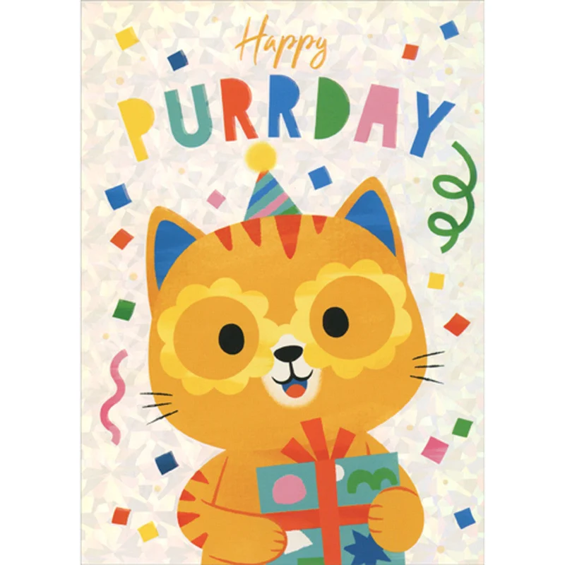 Happy Purrday: Yellow Cat Wearing Flower Shaped Glasses Birthday Card for Kid