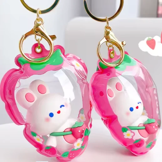 Strawberry Shaped Puffy Sensory Keychain - Straw Bunny