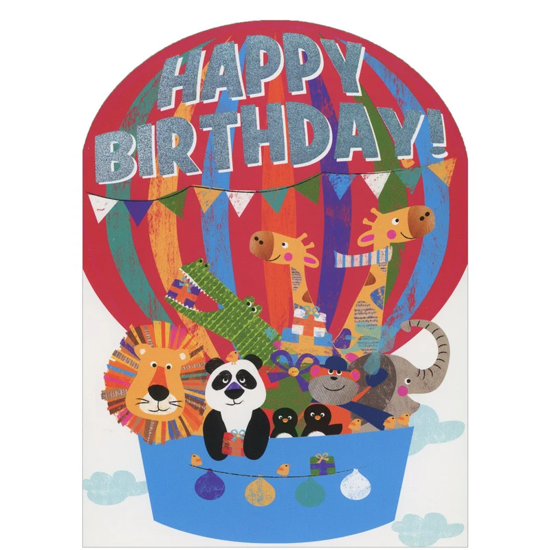 Wild Animals Hot Air Balloon Die Cut Kids Birthday Card