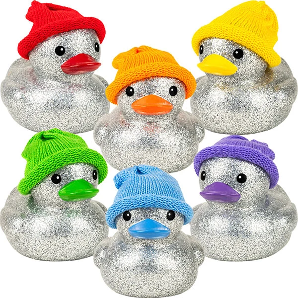 Large 6-Inch Silver Glitter Rubber Ducks with Knit Caps