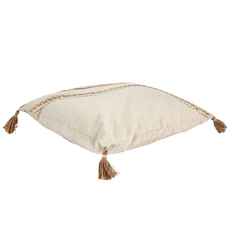 COUSSIN BEIGE ET BLANC A POMPONS 40X40CM