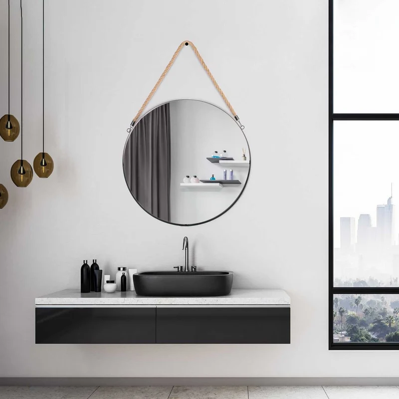 MIROIR ROND NOIR ANSE JONC 50CM