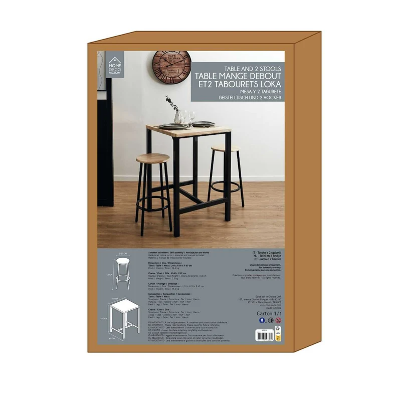 TABLE MANGE DEBOUT ET 2 TABOURETS LOKA