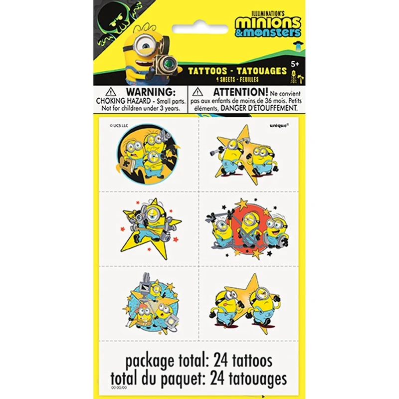 Minions Birthday Party Temporary Tattoo Sheets, 24 Tattoos, 4 Count