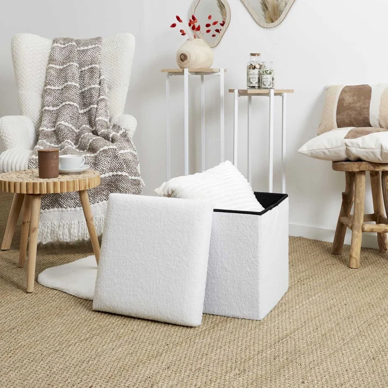 COFFRE POUF PLIABLE BOUCLETTE BLANC