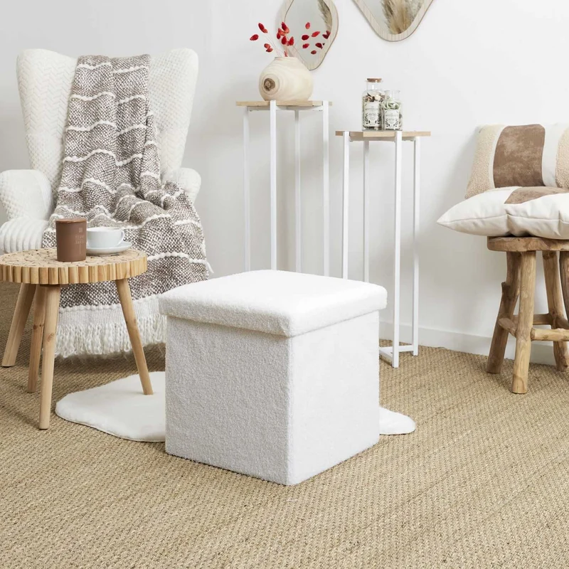 COFFRE POUF PLIABLE BOUCLETTE BLANC