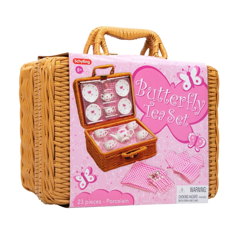 Premium Porcelain Butterfly Tea Set with Wicker Picnic Basket
