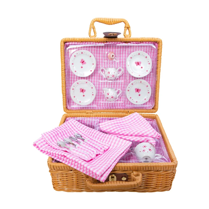 Premium Porcelain Butterfly Tea Set with Wicker Picnic Basket