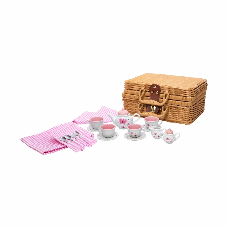 Premium Porcelain Butterfly Tea Set with Wicker Picnic Basket