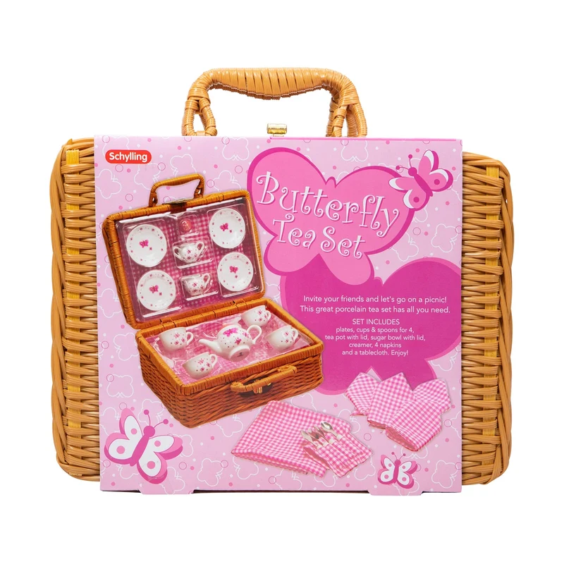 Premium Porcelain Butterfly Tea Set with Wicker Picnic Basket