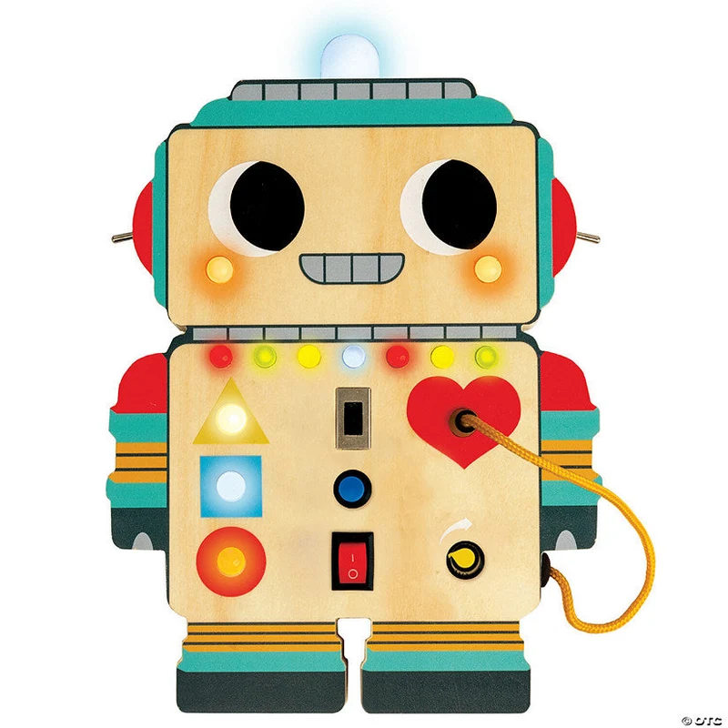 MindWare Blinkity Bot Light Up Montessori Wooden Busy Board Toy