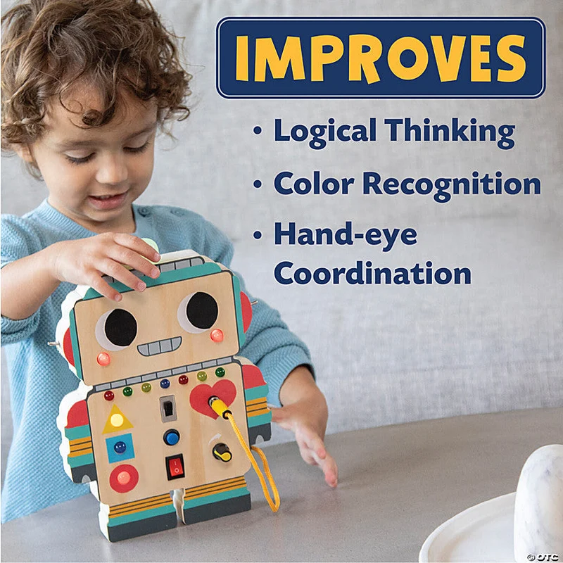 MindWare Blinkity Bot Light Up Montessori Wooden Busy Board Toy