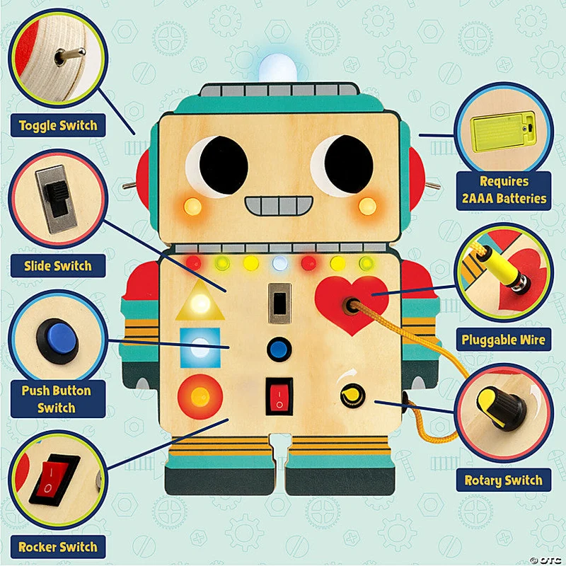 MindWare Blinkity Bot Light Up Montessori Wooden Busy Board Toy