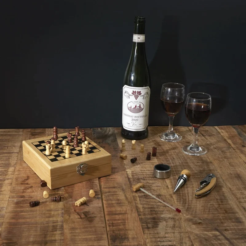 COFFRET VIN ET JEU ECHECS BAMBOU