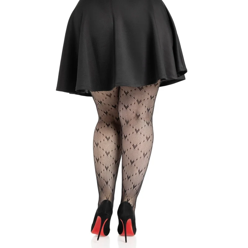 Black Plus Size Love Struck Heart Net Tights for Adults