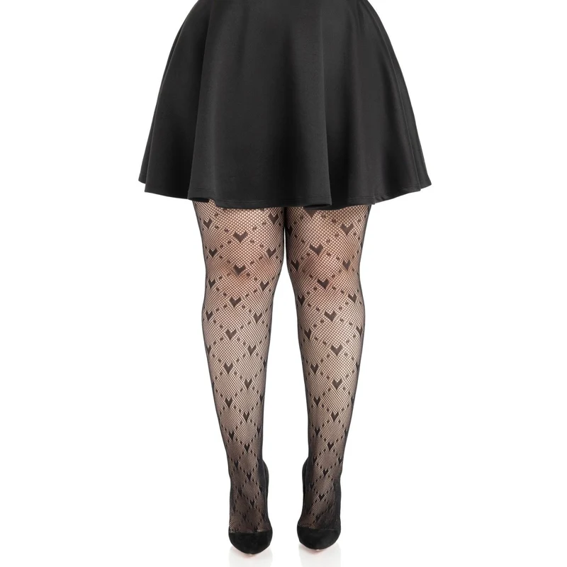 Black Plus Size Love Struck Heart Net Tights for Adults