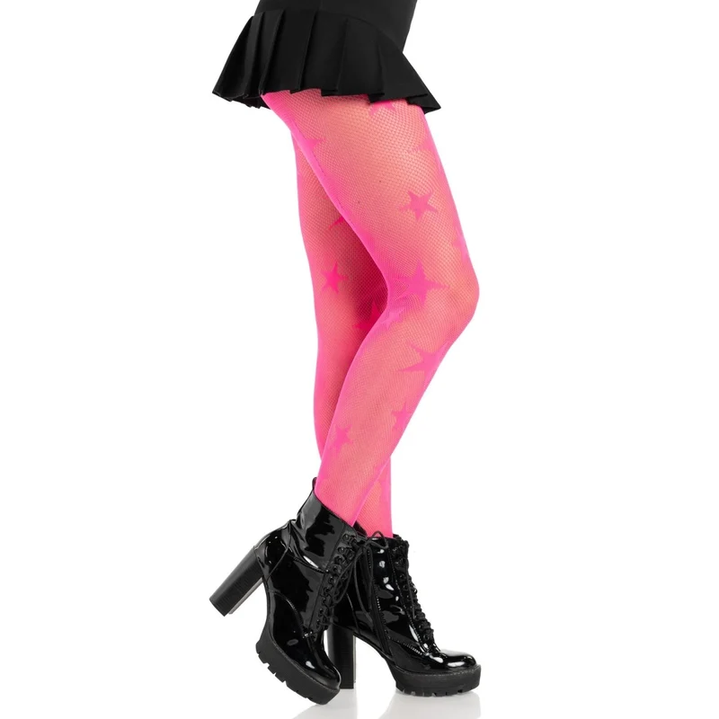 Neon Pink Star Net Tights for Adults