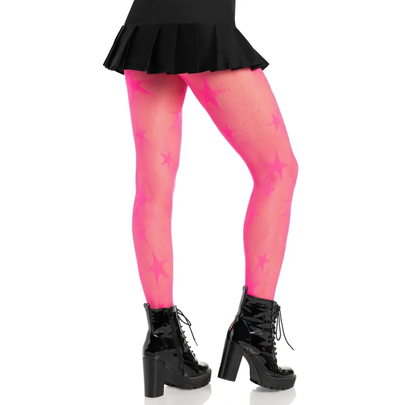 Neon Pink Star Net Tights for Adults