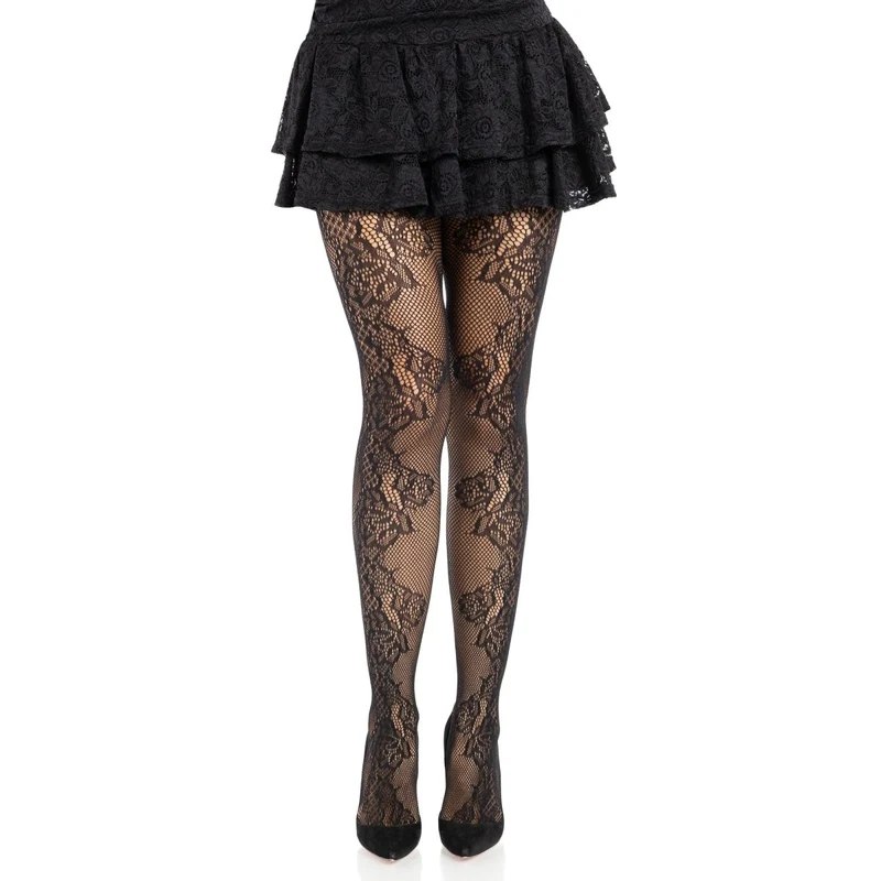 Black Fleurine Eyelet Lace Tights for Adults