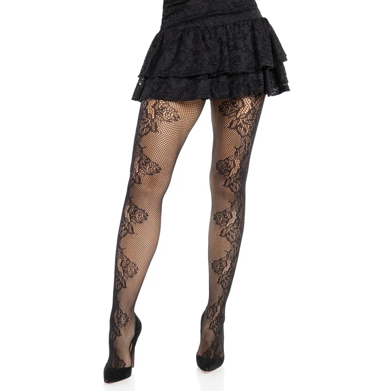 Black Fleurine Eyelet Lace Tights for Adults