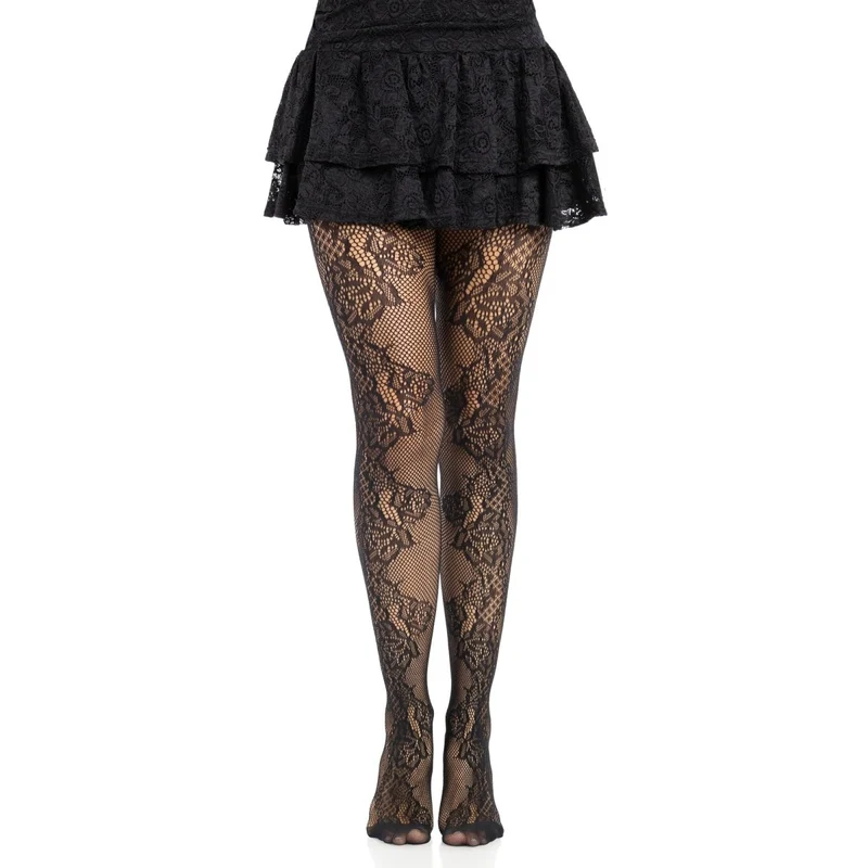 Black Fleurine Eyelet Lace Tights for Adults