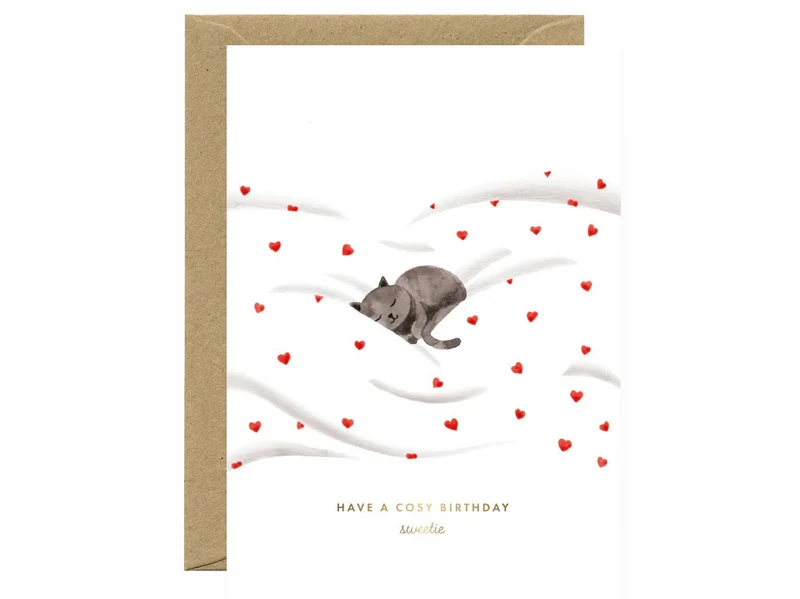 Carte d'anniversaire aquarelle & dorure - Cosy Cat - ATWS