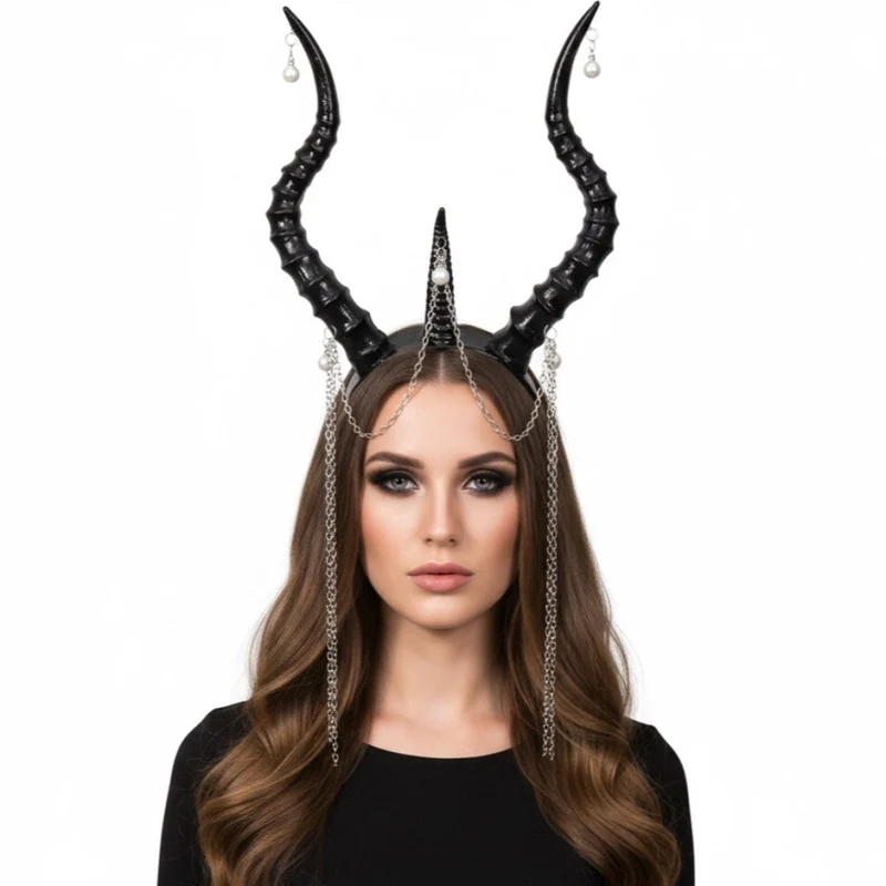 Black Horned Headpiece with Chains for Adults