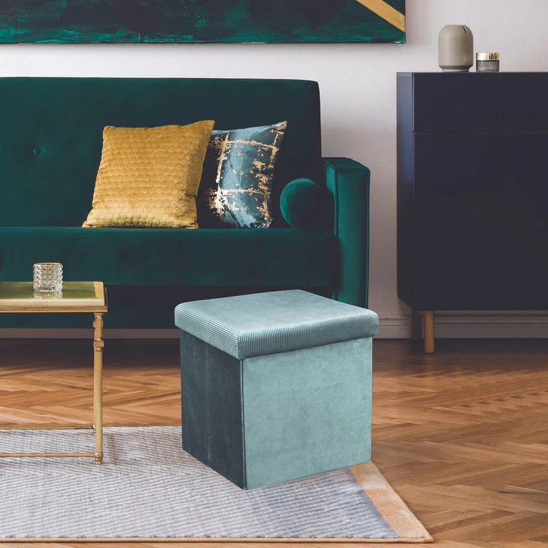 COFFRE POUF PLIABLE VELOURS COTELE GIULIA BLEU