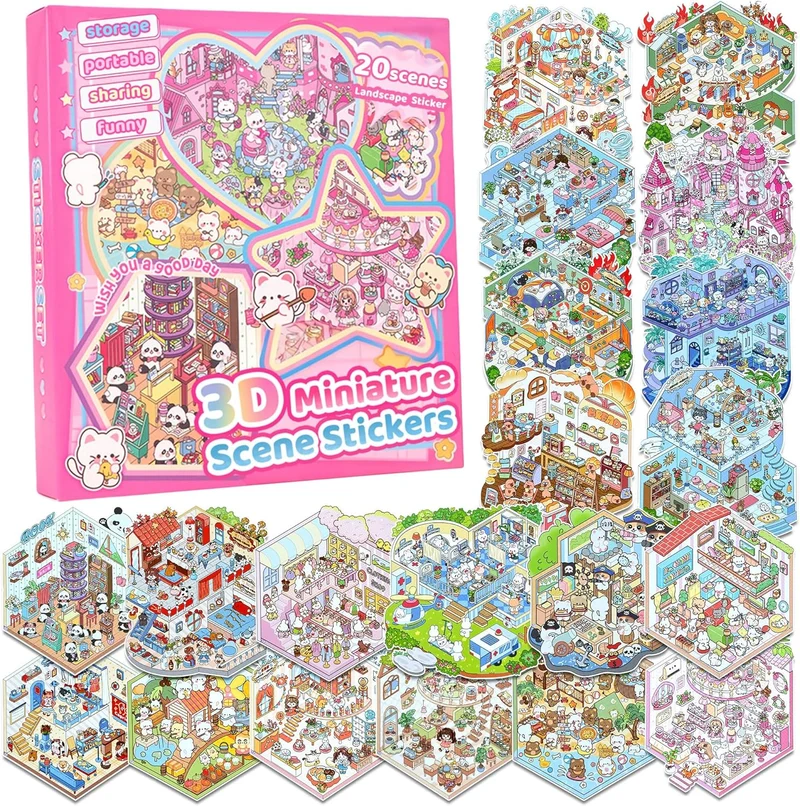 3D Sticker Scenes: DIY Miniature Cartoon Animals & Houses Stress Relief Fun