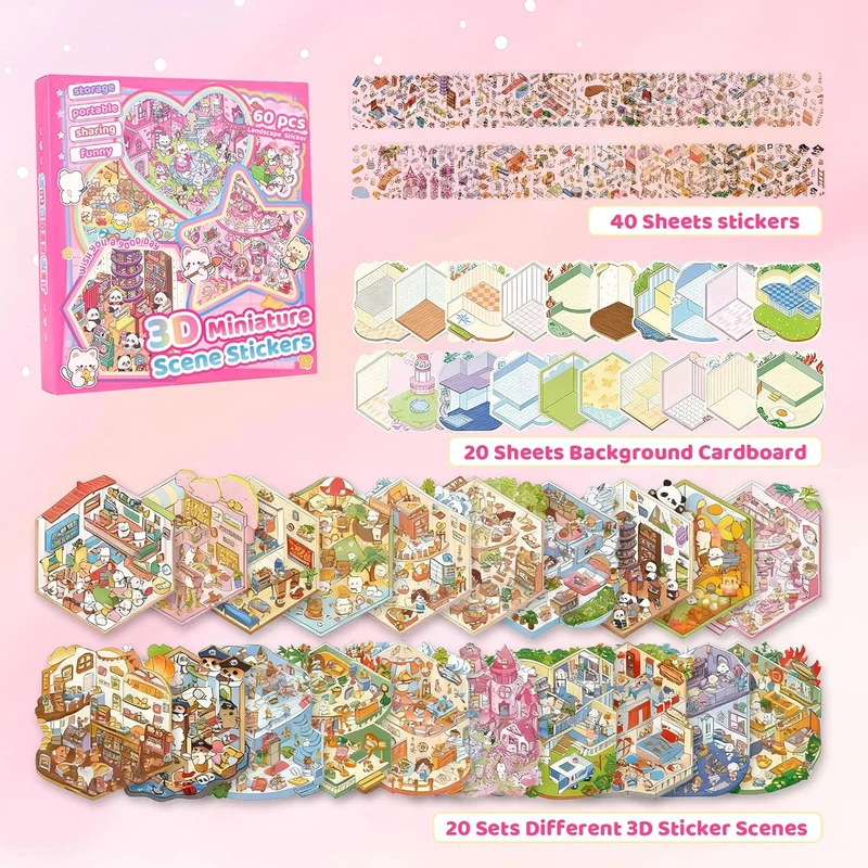 3D Sticker Scenes: DIY Miniature Cartoon Animals & Houses Stress Relief Fun