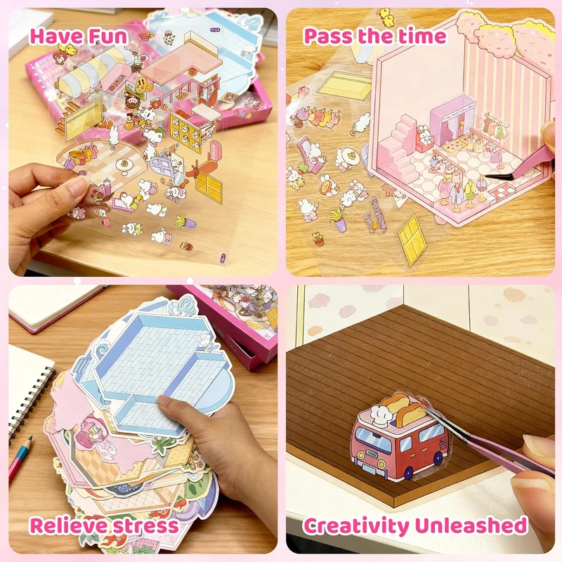 3D Sticker Scenes: DIY Miniature Cartoon Animals & Houses Stress Relief Fun