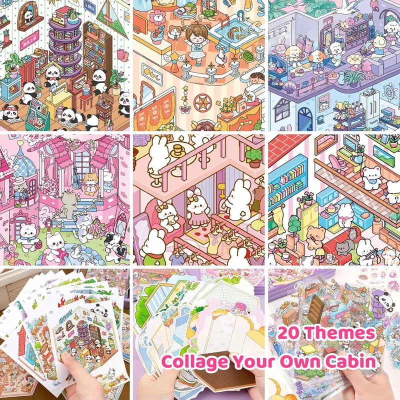 3D Sticker Scenes: DIY Miniature Cartoon Animals & Houses Stress Relief Fun