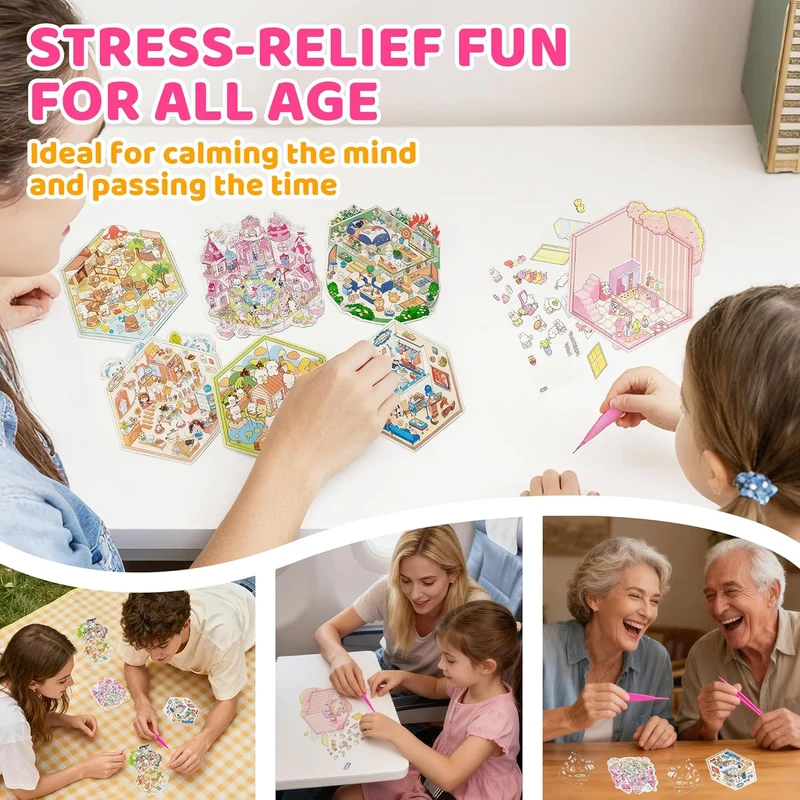 3D Sticker Scenes: DIY Miniature Cartoon Animals & Houses Stress Relief Fun