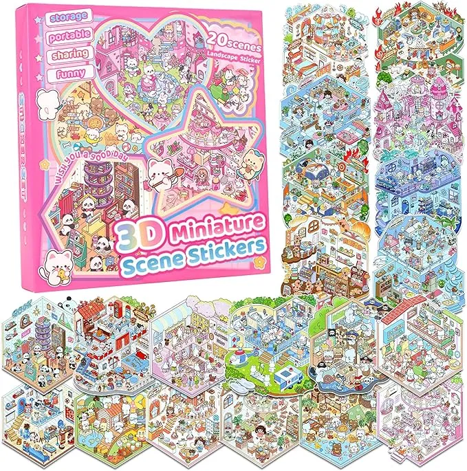 3D Sticker Scenes: DIY Miniature Cartoon Animals & Houses Stress Relief Fun