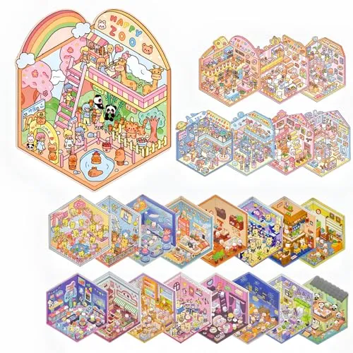 3D Sticker Scenes: DIY Miniature Cartoon Animals & Houses Stress Relief Fun