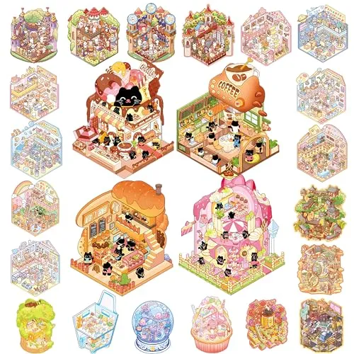 3D Sticker Scenes: DIY Miniature Cartoon Animals & Houses Stress Relief Fun