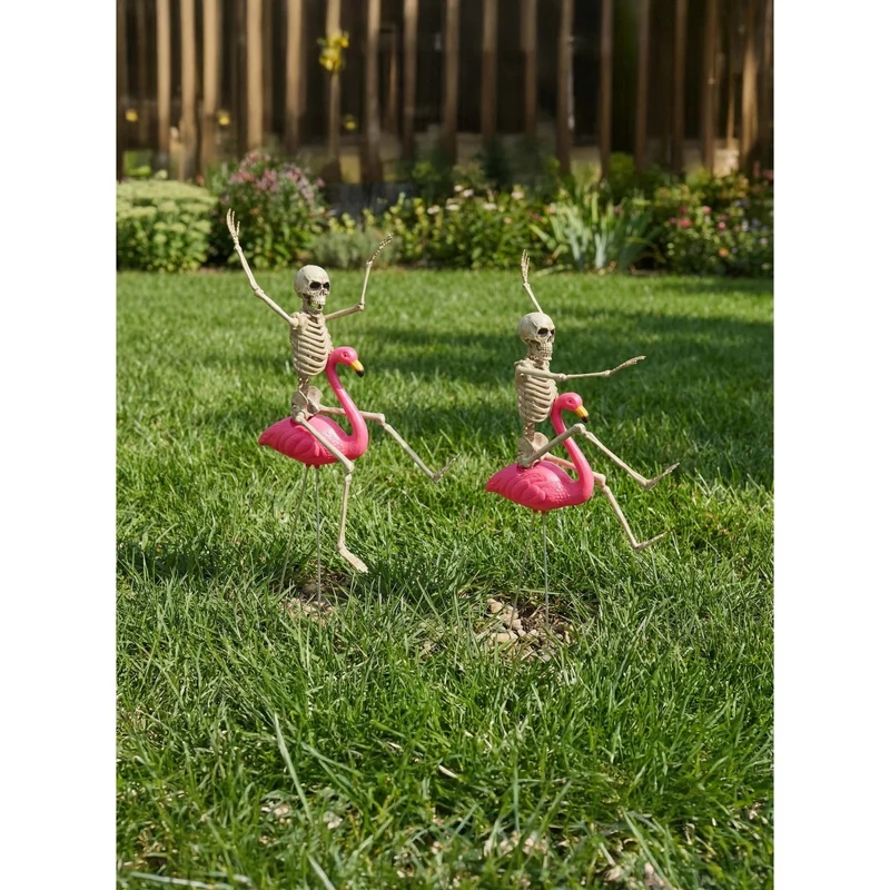 Flamingo Racer with Skeleton, Halloween Decoration, 2 Count