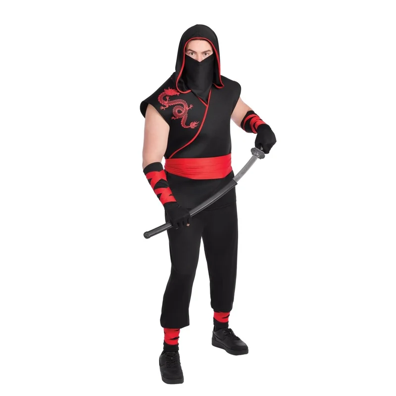 Night Ninja Costume for Adults, Black and Red