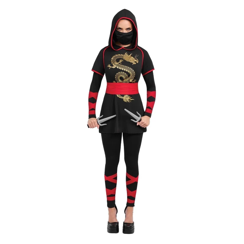 Night Ninja Costume for Adults, Black, Red and Gold
