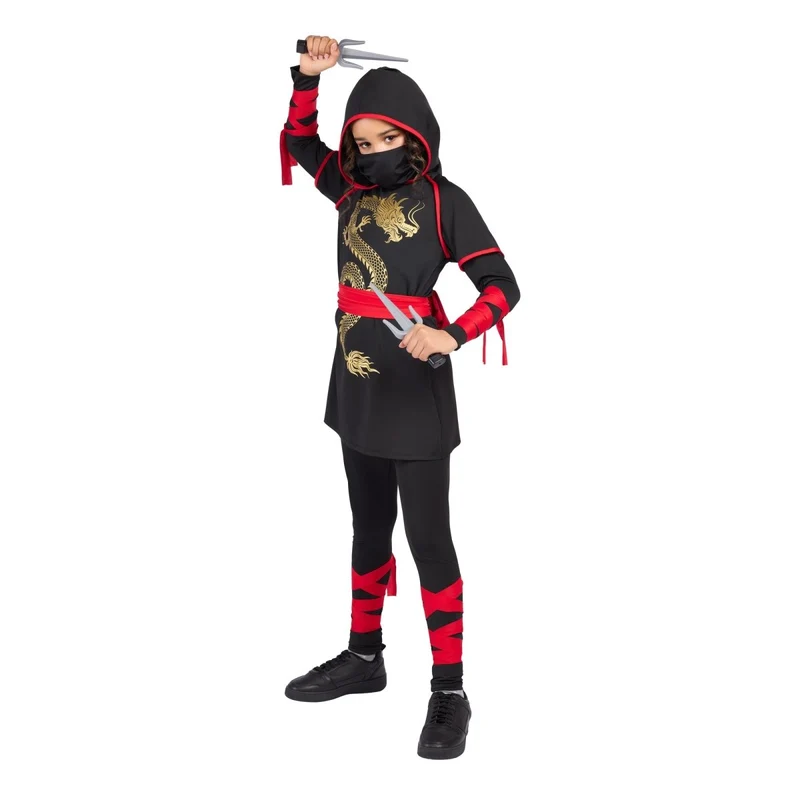 Night Ninja Costume for Kids, Black, Red and Gold