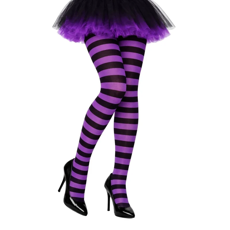 Black and Purple Striped Nylon Tights for Adults
