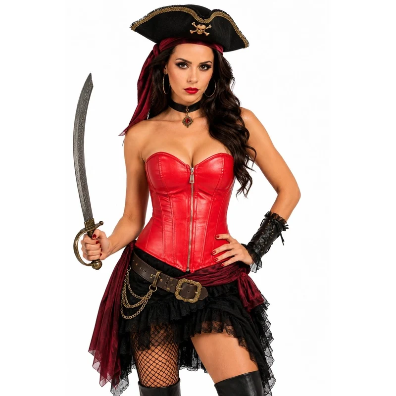 Red Leather Front Zip Deluxe Corset for Adults