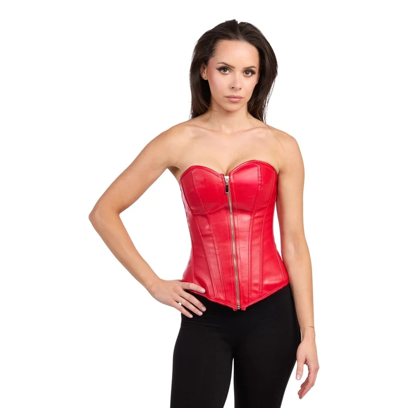 Red Leather Front Zip Deluxe Corset for Adults
