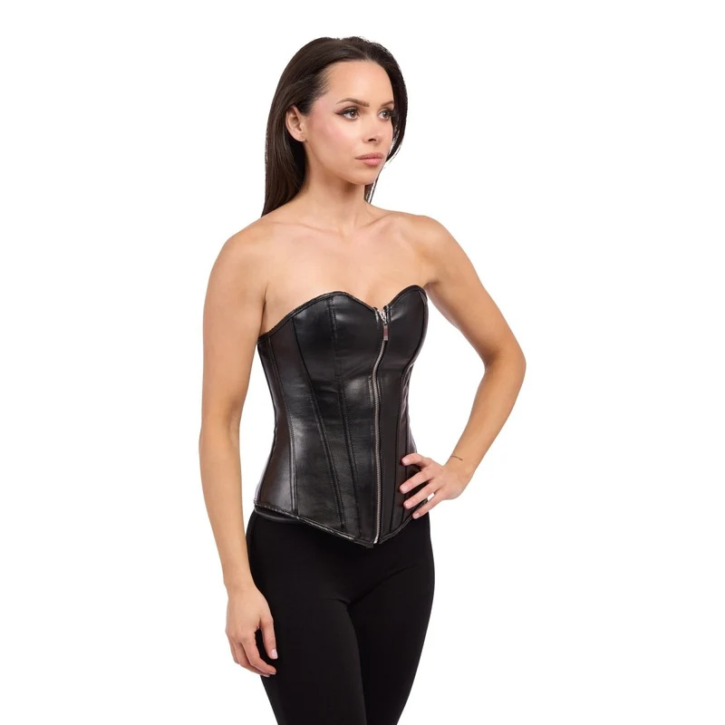 Black Leather Front Zip Deluxe Corset for Adults