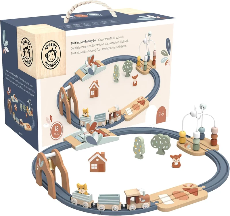 Speedy Monkey Multi-Activity Wooden Railway Set for Toddlers