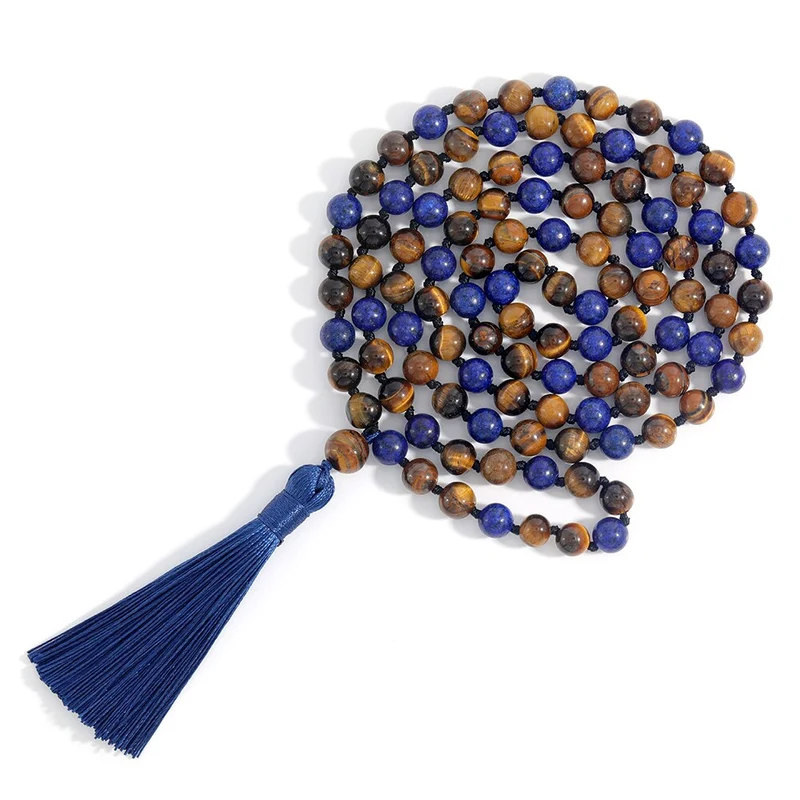 Collier long en perles Mala en Lapis Lazuli et œil de tigre jaune
